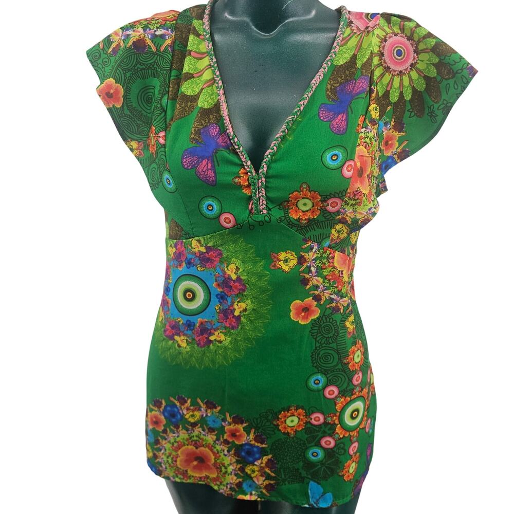 Desigual Green Floral Kaftan Top Tie Self Ruffle Jersey V-Neck Y2k Style L 4133